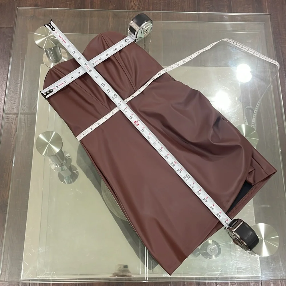 NWT Brown pu leather mini fitted dress ruched side high waisted bone corset XS/S - Picture 4 of 12